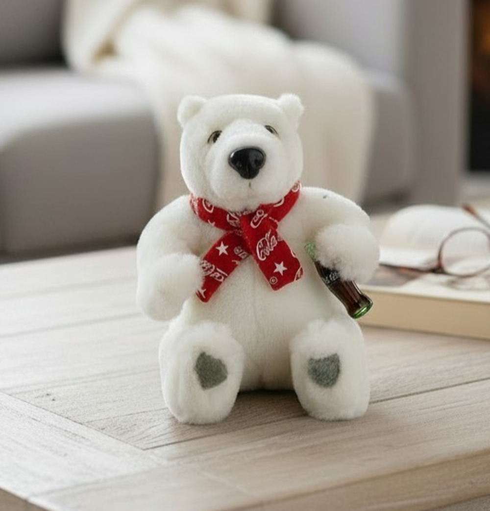 Coca-Cola Polar Bear Plush Red Scarf Holding Coke Bottle 6.5" Promo NWT